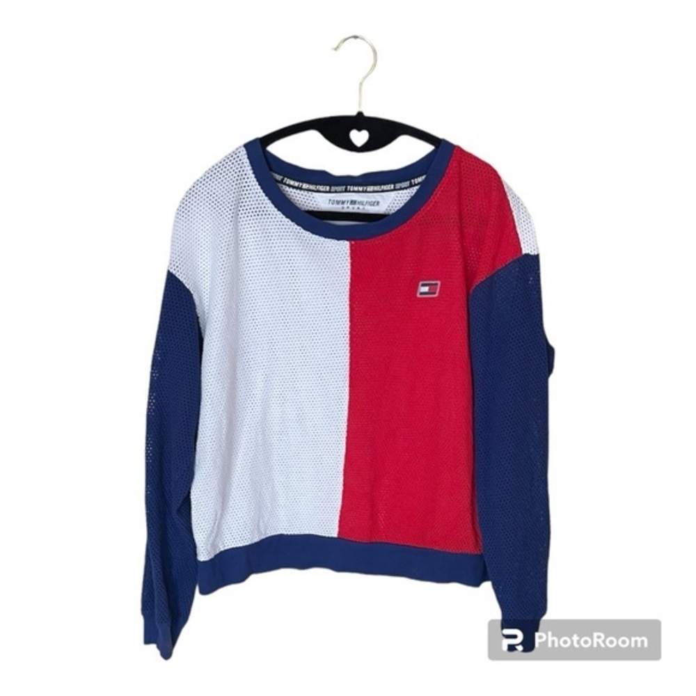 Tommy Hilfiger Sport Long Sleeve Crop Top Red White Blue Mesh Sweater Size Small - Picture 2 of 6